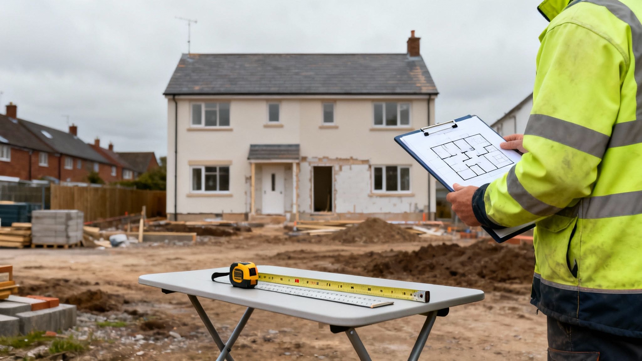Collage showing UK map location pin, construction material samples, modern bathroom interior and muddy building site access road