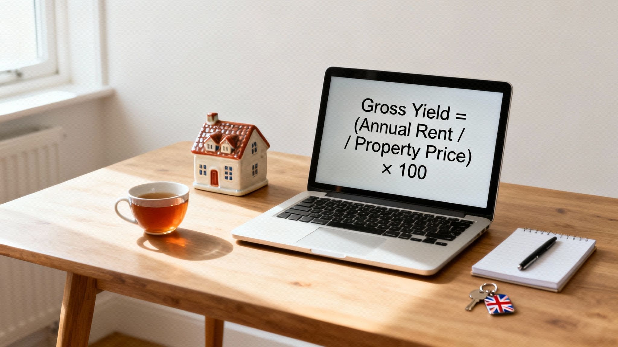 Diagram illustrating gross yield calculation showing annual rent divided by purchase price multiplied by 100