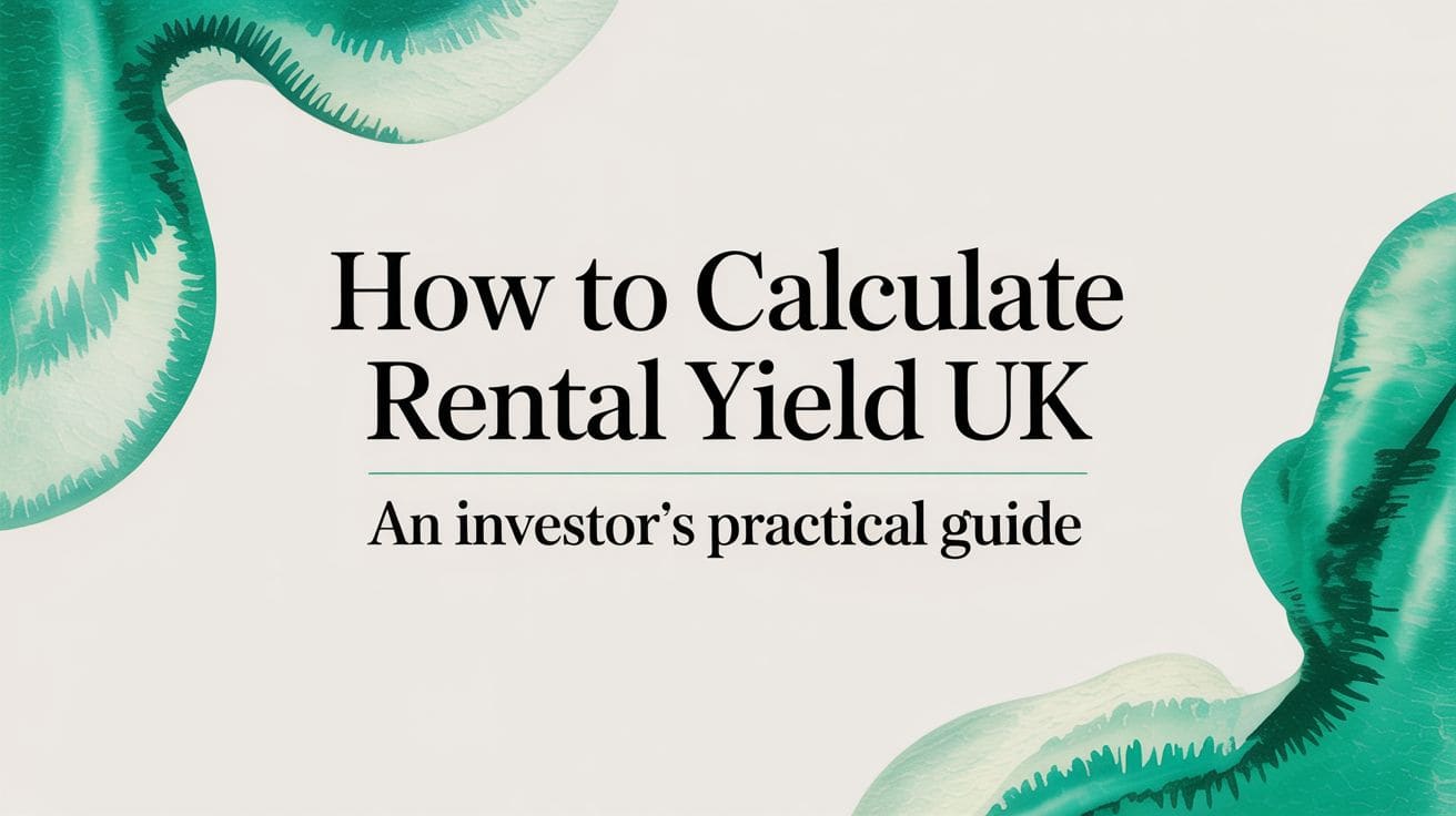 Laptop showing gross rental yield formula with miniature house, tea cup, notepad and keys on wooden table
